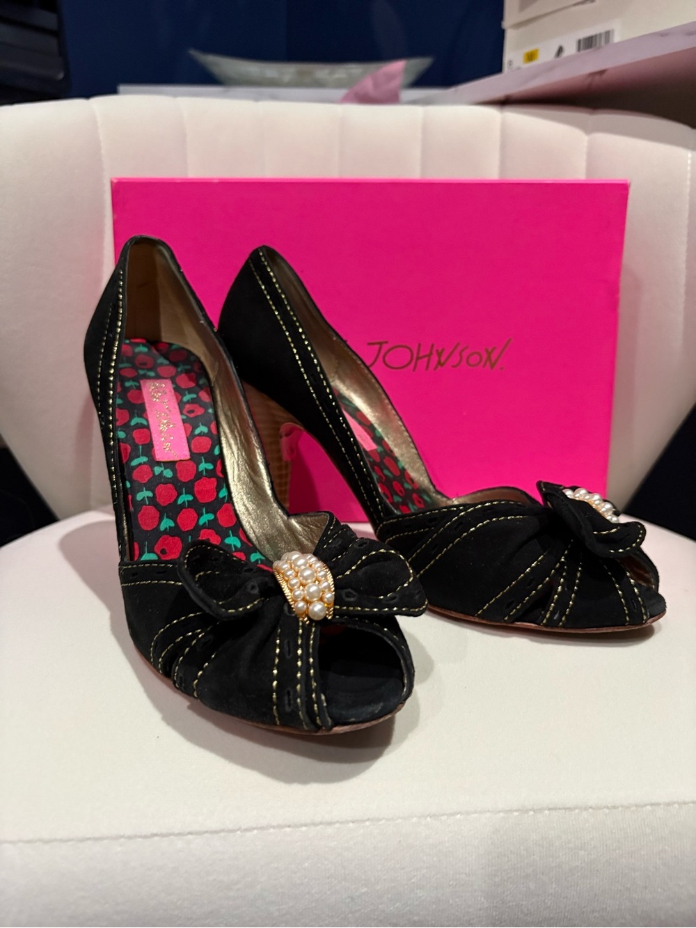Betsey Johnson Black Peep-Toe Heels with Pearl Bow Detail